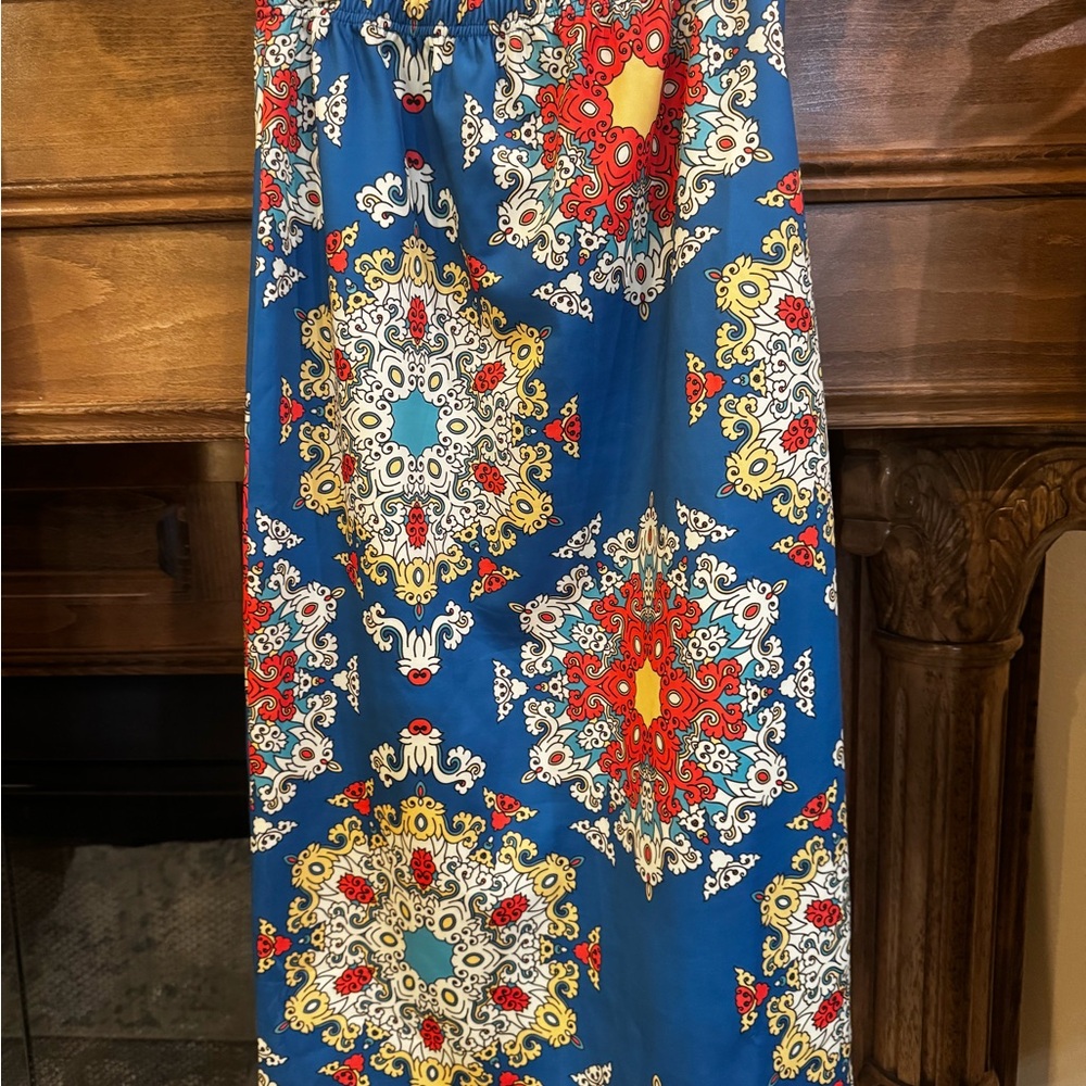 Vibrant Blue and Red Patterned Midi Skirt